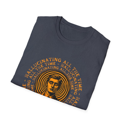 Folded t-shirt with orange text and circular design on a white background