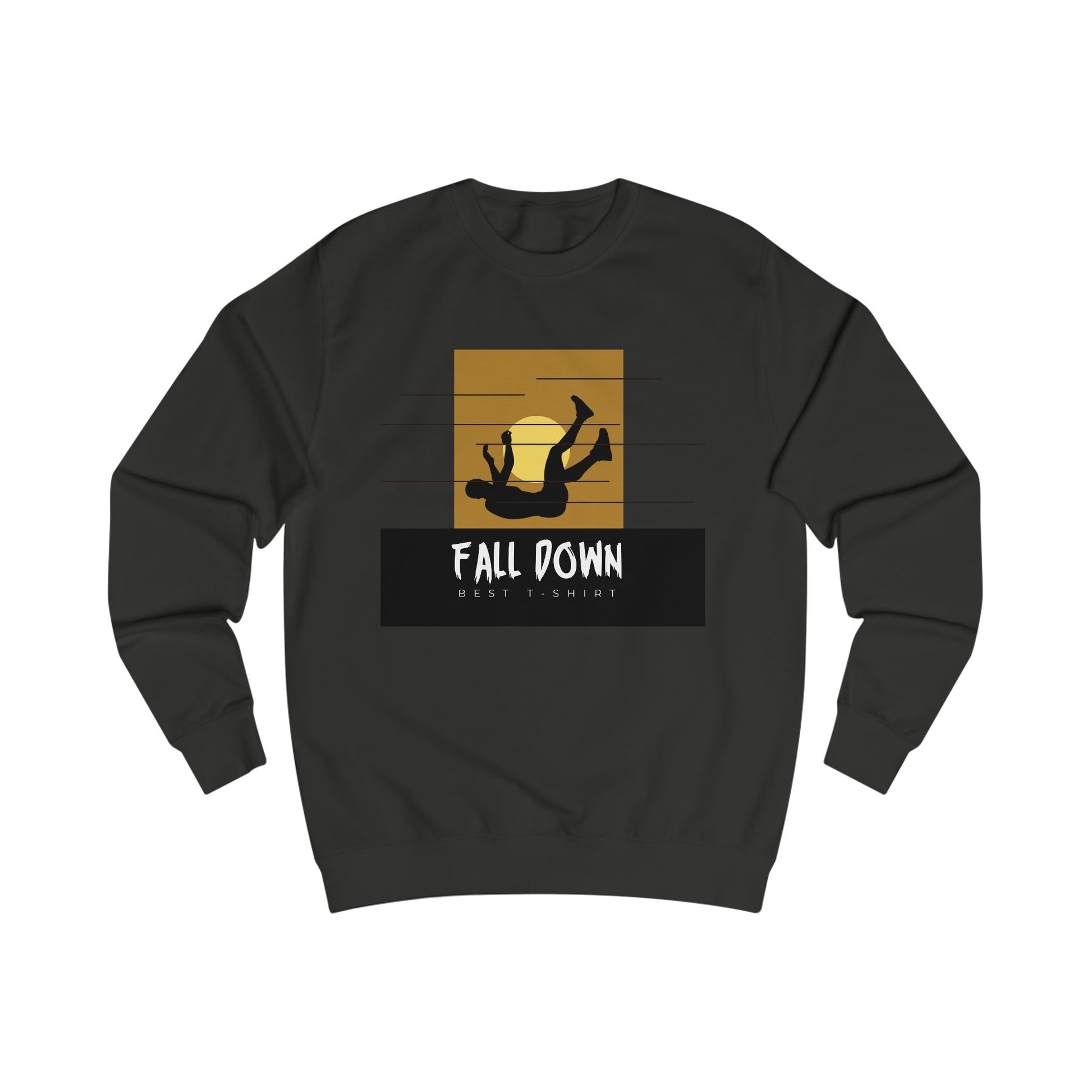 Black sweatshirt with graphic design and text on a white background